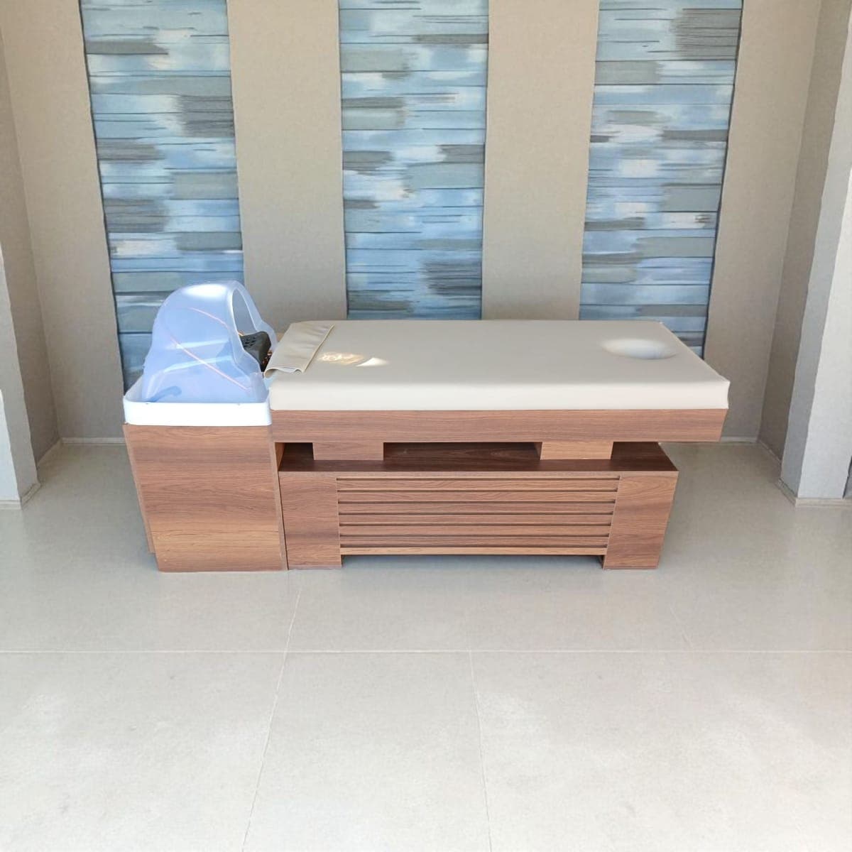 Ahşap Desenli Head Spa Yatağı - Profesyonel Kafa Masaj Sedyesi - Profesyonel spa ve wellness ekipmanı