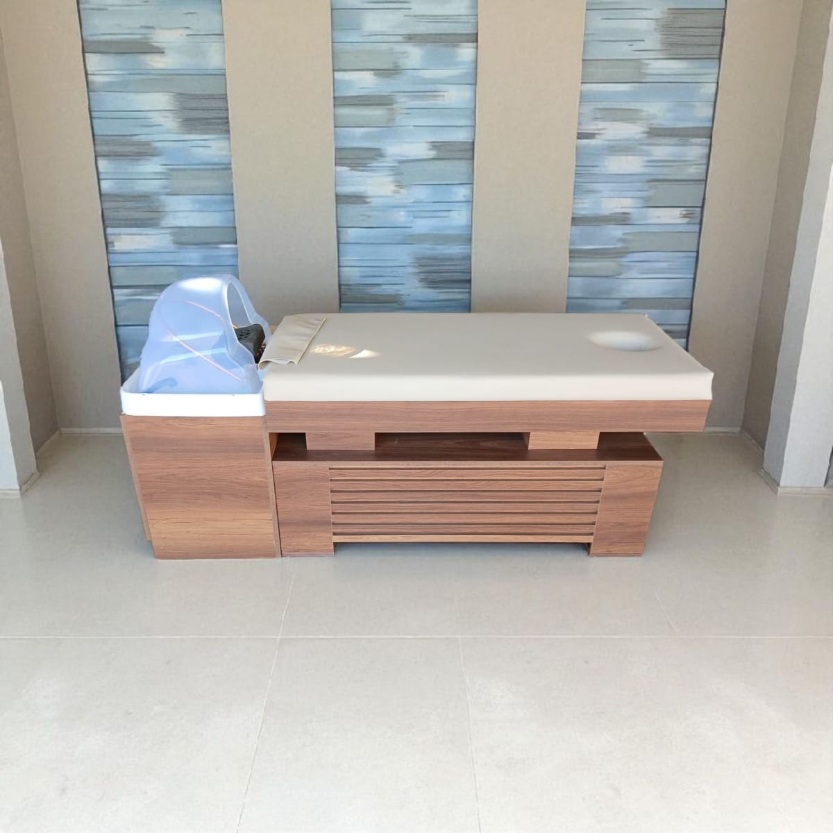 Ahşap Desenli Head Spa Yatağı - Profesyonel Kafa Masaj Sedyesi - Profesyonel spa ve wellness ekipmanı