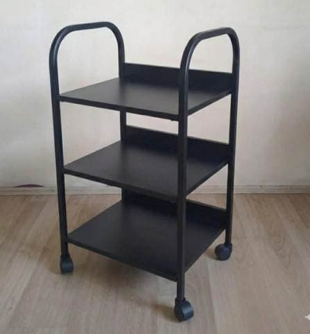 3 Raflı Siyah Metal Etejer - Tekerlekli Cilt Bakım ve Spa Arabası - Profesyonel spa ve wellness ekipmanı