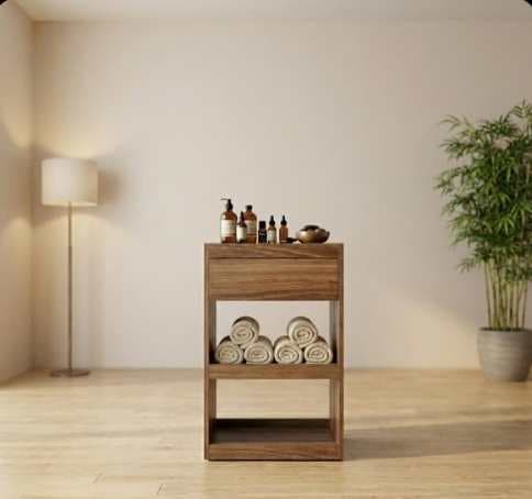 Doğal Ahşap Görünümlü Tek Çekmeceli MDF Lam Spa Etejeri ve Bakım Dolabı - Profesyonel spa ve wellness ekipmanı