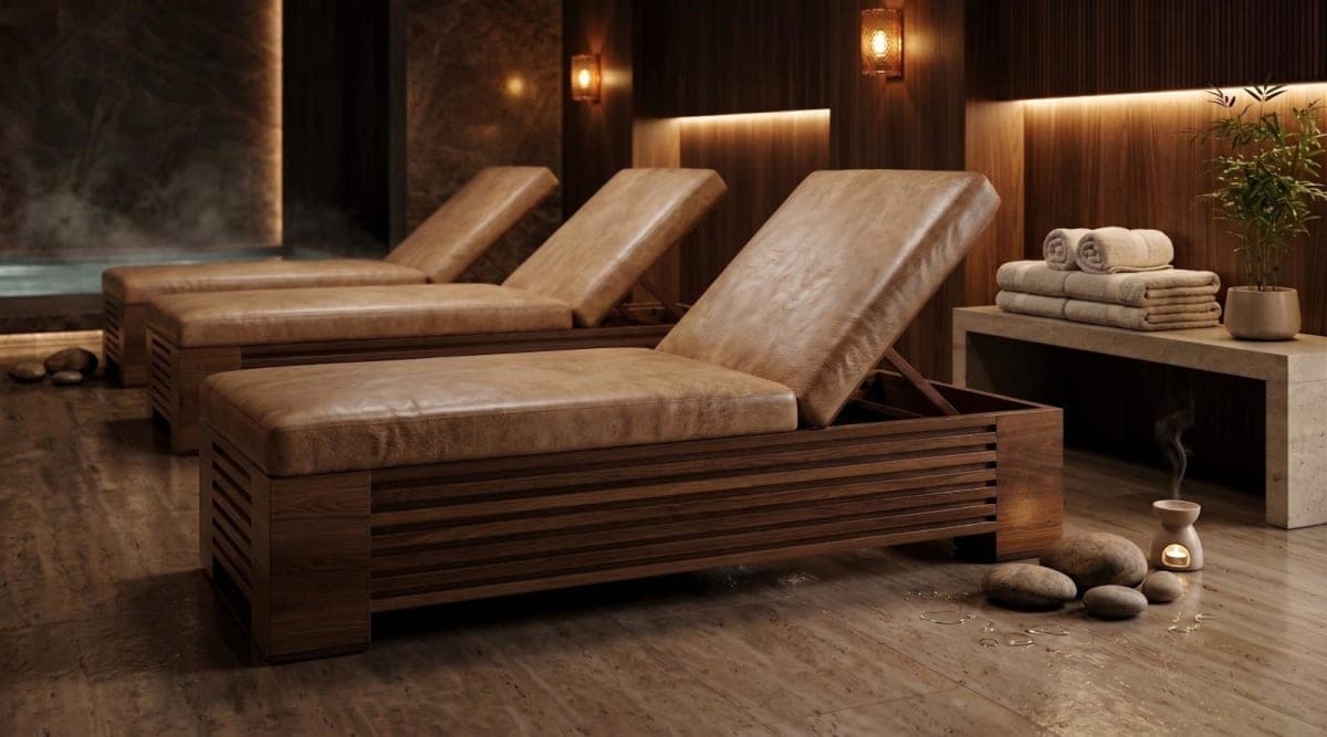 Ahşap Görünümlü Spa Dinlenme Yatağı - Kademeli Havuz ve Relax Odası Şezlongu - Profesyonel spa ve wellness ekipmanı
