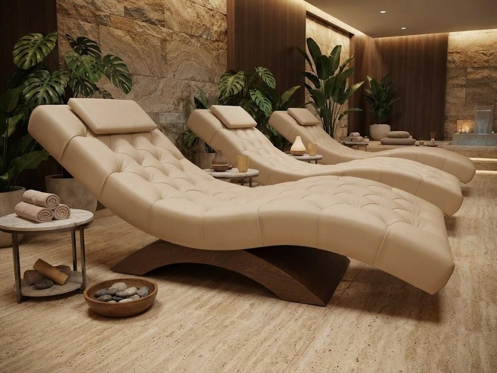 Düğmeli Ahşap Ayaklı Spa Dinlenme Şezlongu (Su Kontrası İskeletli) - Profesyonel spa ve wellness ekipmanı