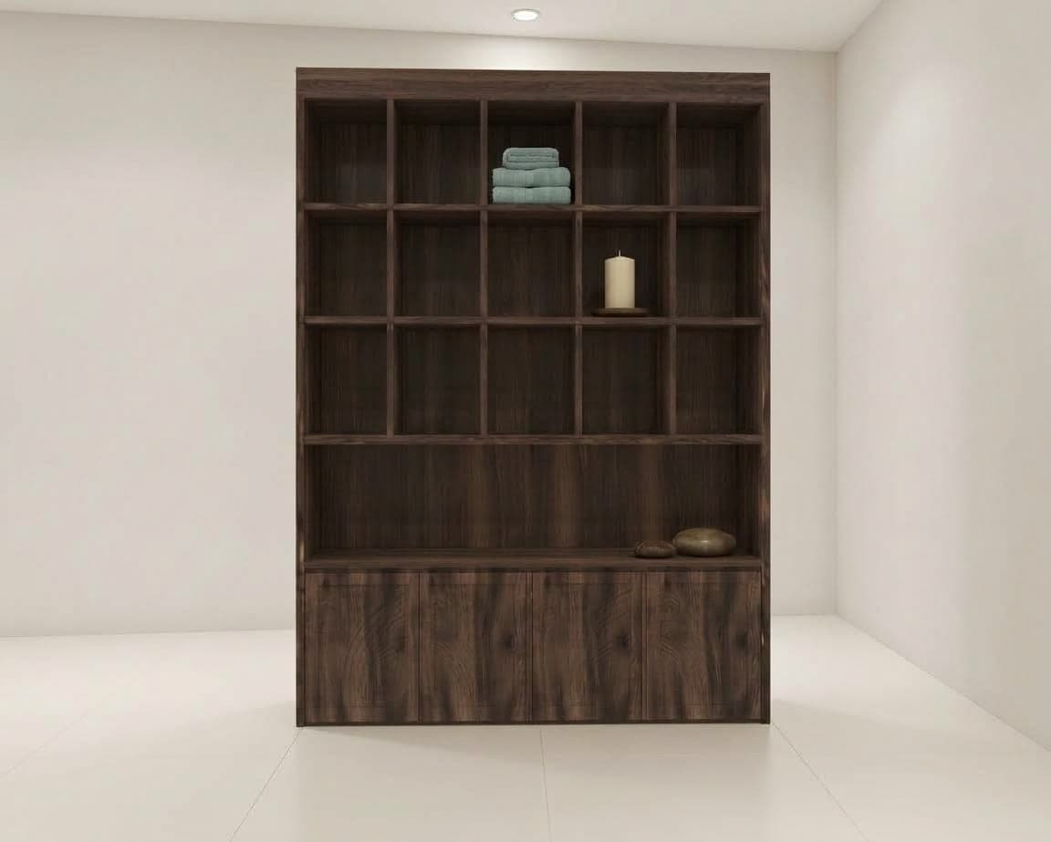 Koyu Ahşap Tonlu Çok Gözlü Raflı ve Kapaklı Spa Dolabı - Profesyonel spa ve wellness ekipmanı