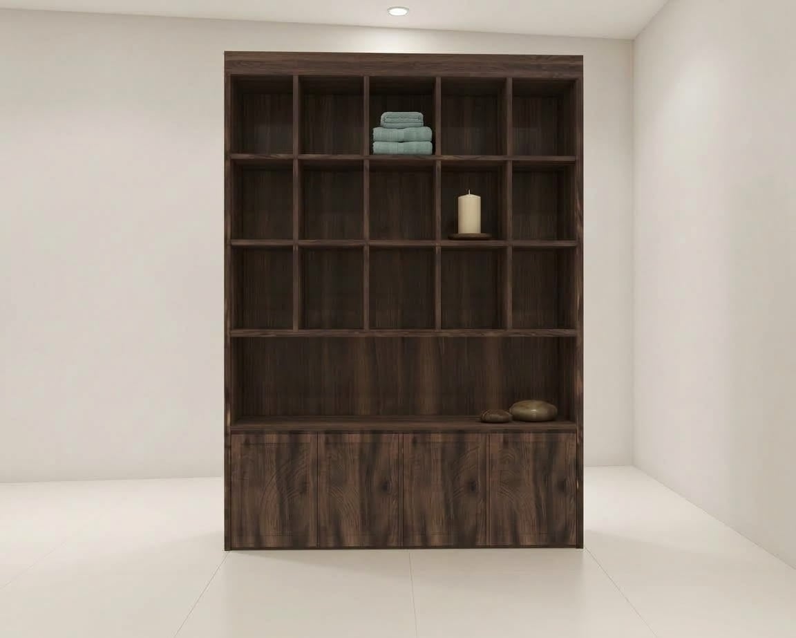 Koyu Ahşap Tonlu Çok Gözlü Raflı ve Kapaklı Spa Dolabı - Profesyonel spa ve wellness ekipmanı