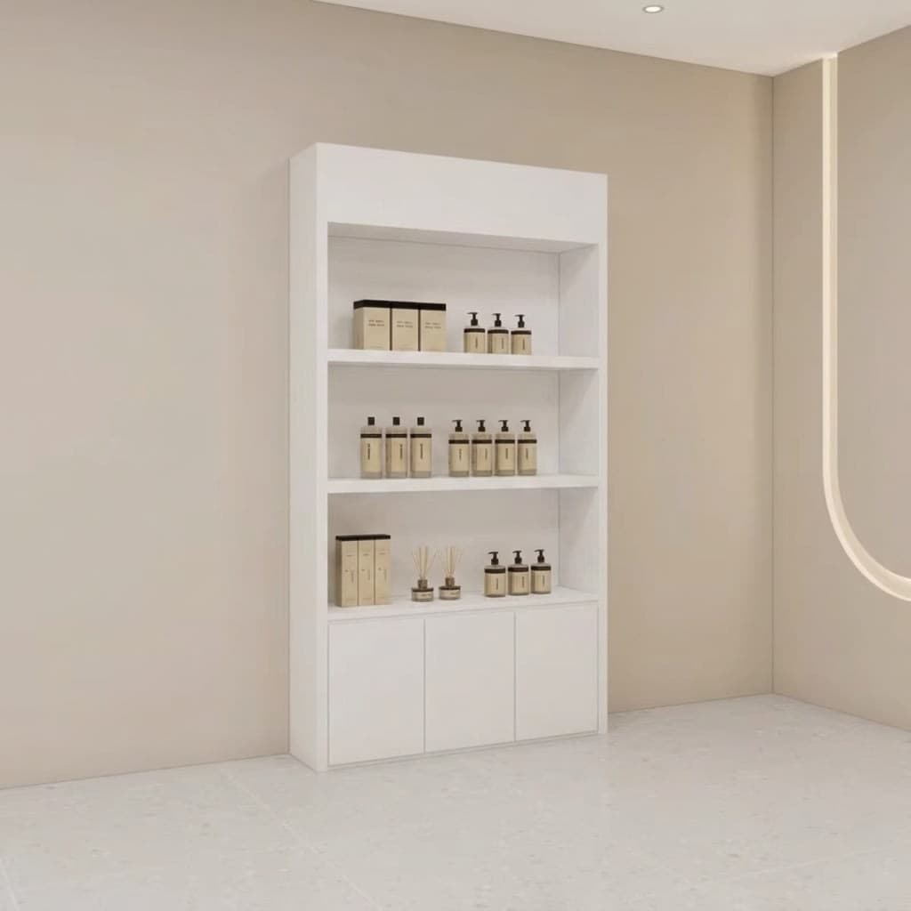 Minimalist Beyaz Açık Raflı ve Kapaklı Spa Ürün Teşhir Dolabı - Profesyonel spa ve wellness ekipmanı