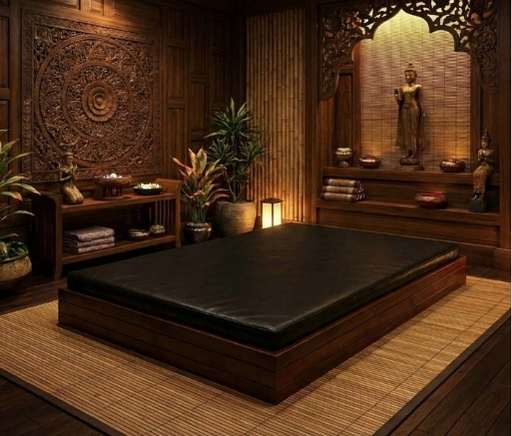 Kasalı ve Vernikli Ahşap Thai Masaj Yatağı